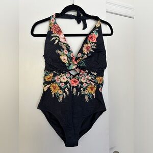 Johnny Was Twist Keyhole Halter Neck One-piece Swimsuit, Size XL Multicolor